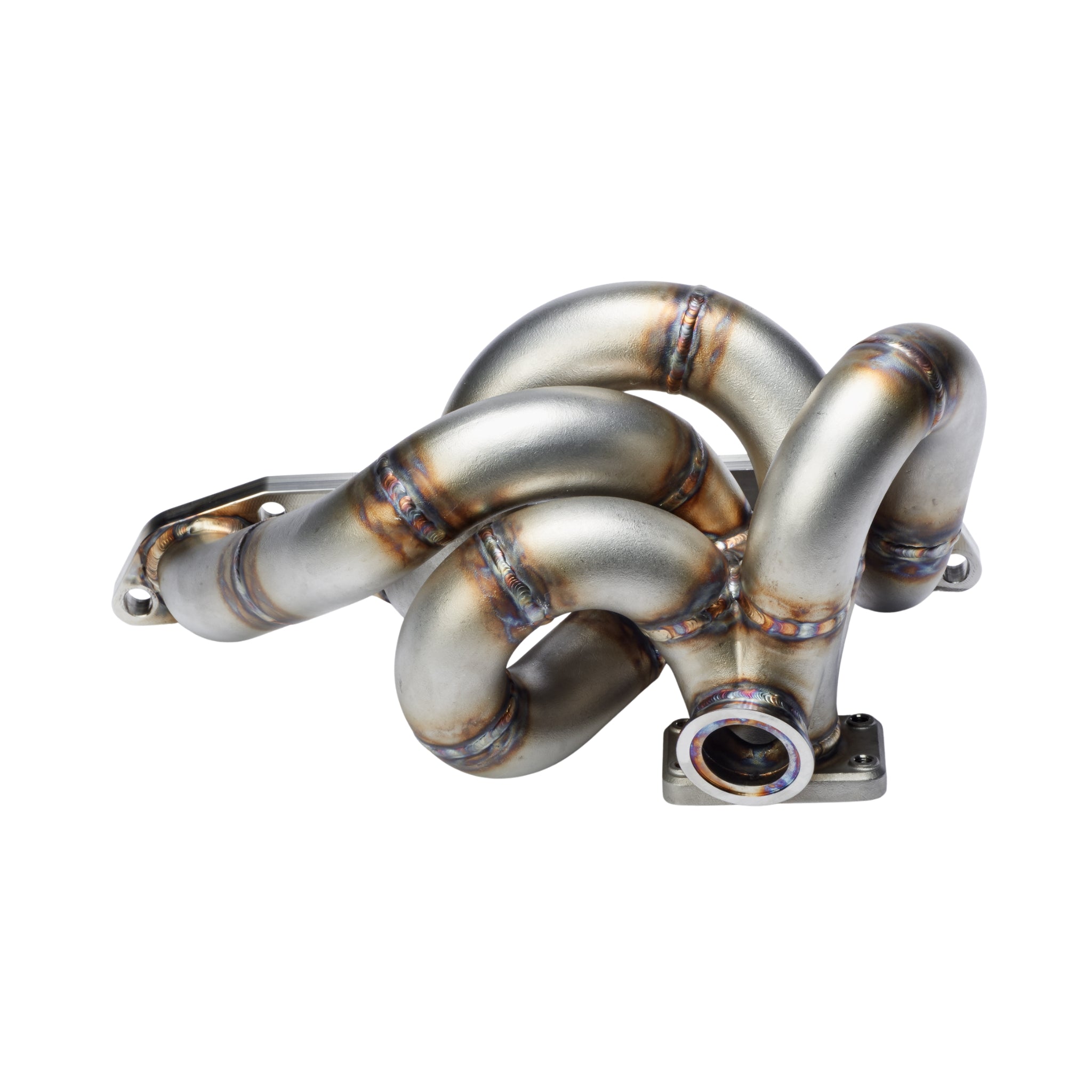 Metallic exhaust manifold on a white background