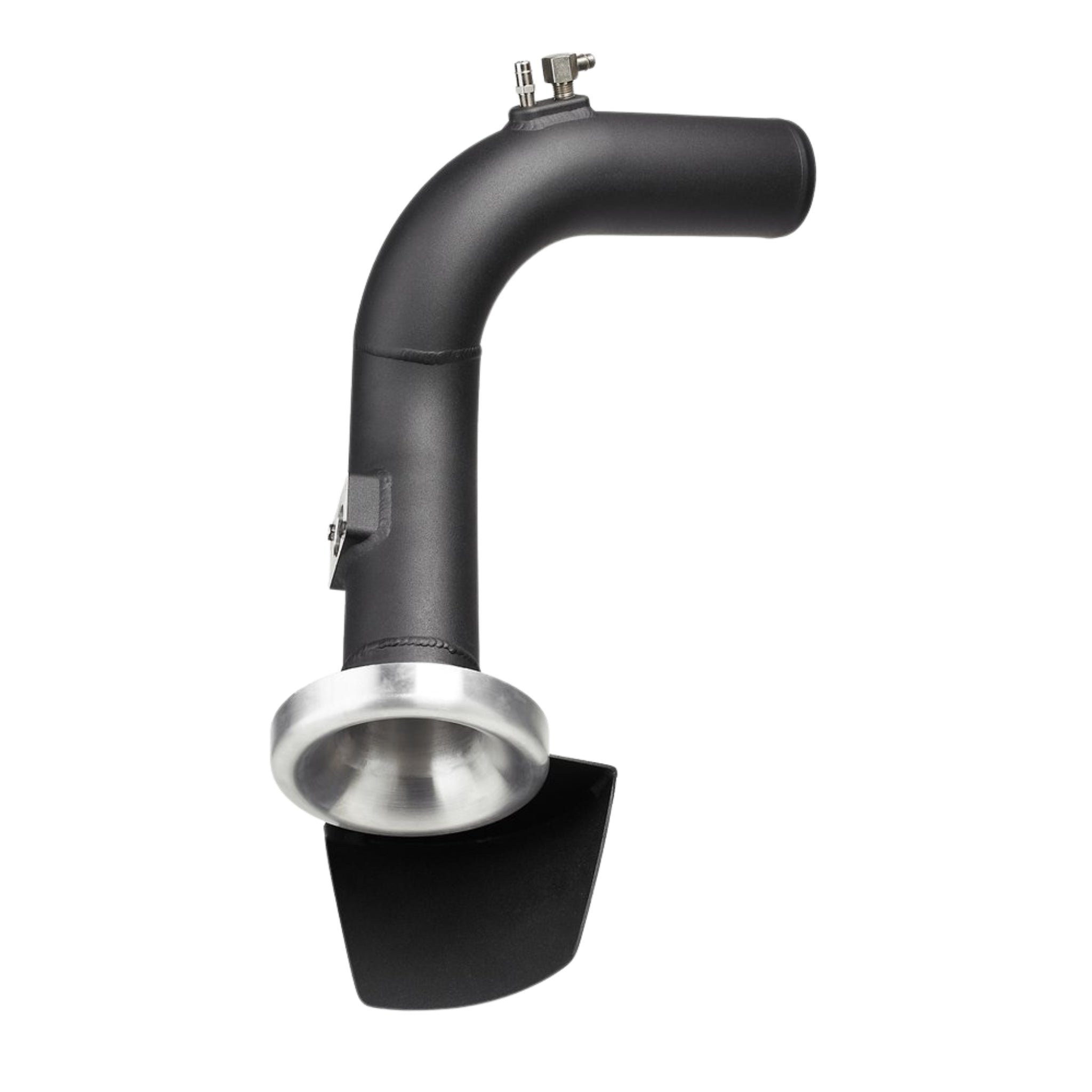 Black intake pipe with silver flange on a white background