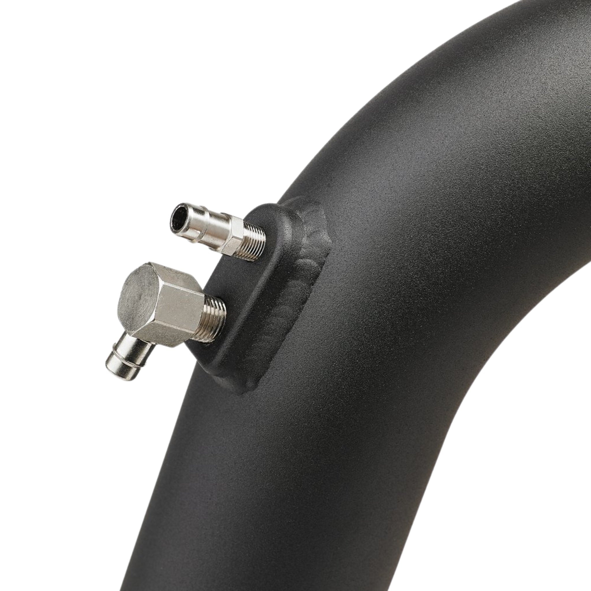 Black powder-coated mandrel bent pipe with welded aluminum port and stainless steel quick-connect fittings for boost or vacuum lines
