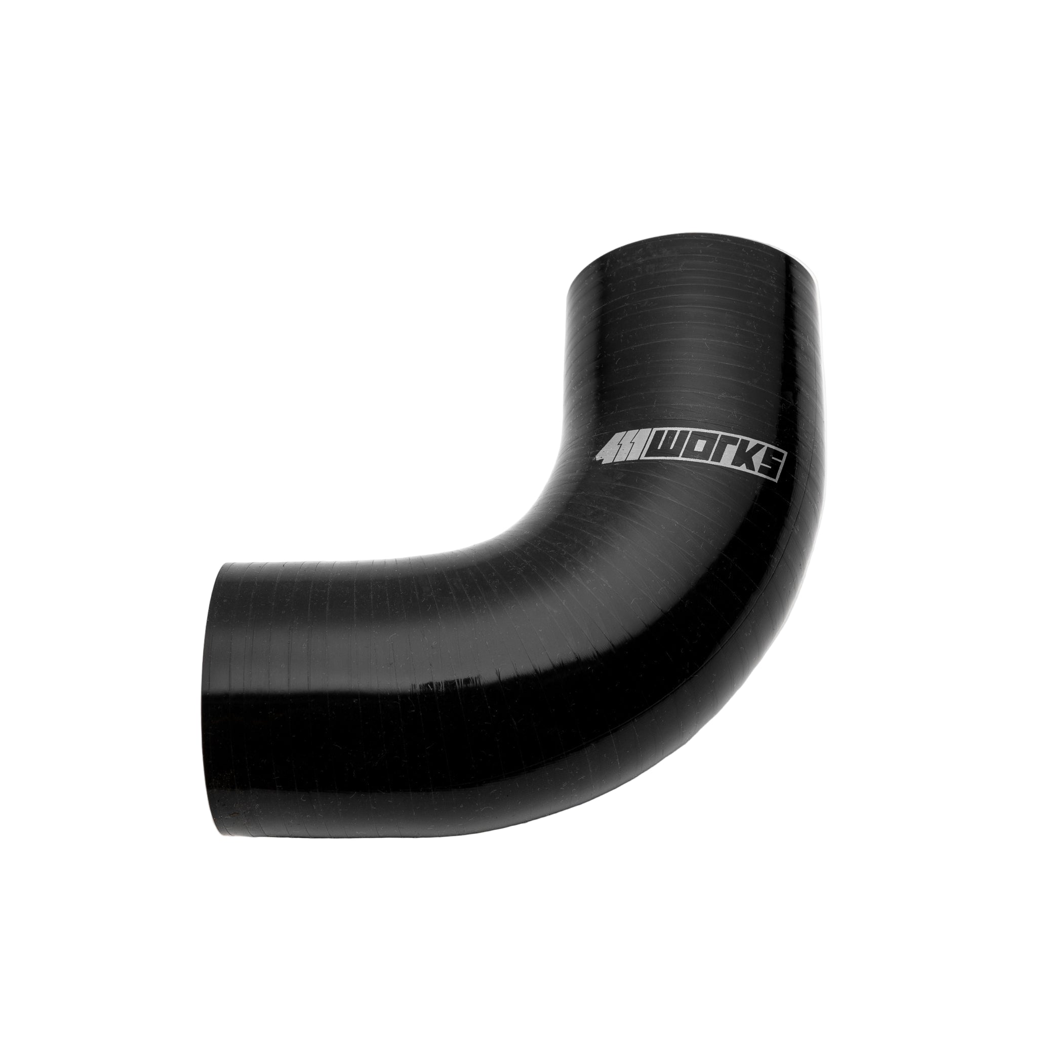 Black silicone 90 degree reducer hose with '411 Works' branding on a white background