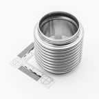 Metallic cylindrical exhaust flex bellow with rings on a white background