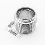 Metallic exhaust bellow with a ruler for scale on a white background