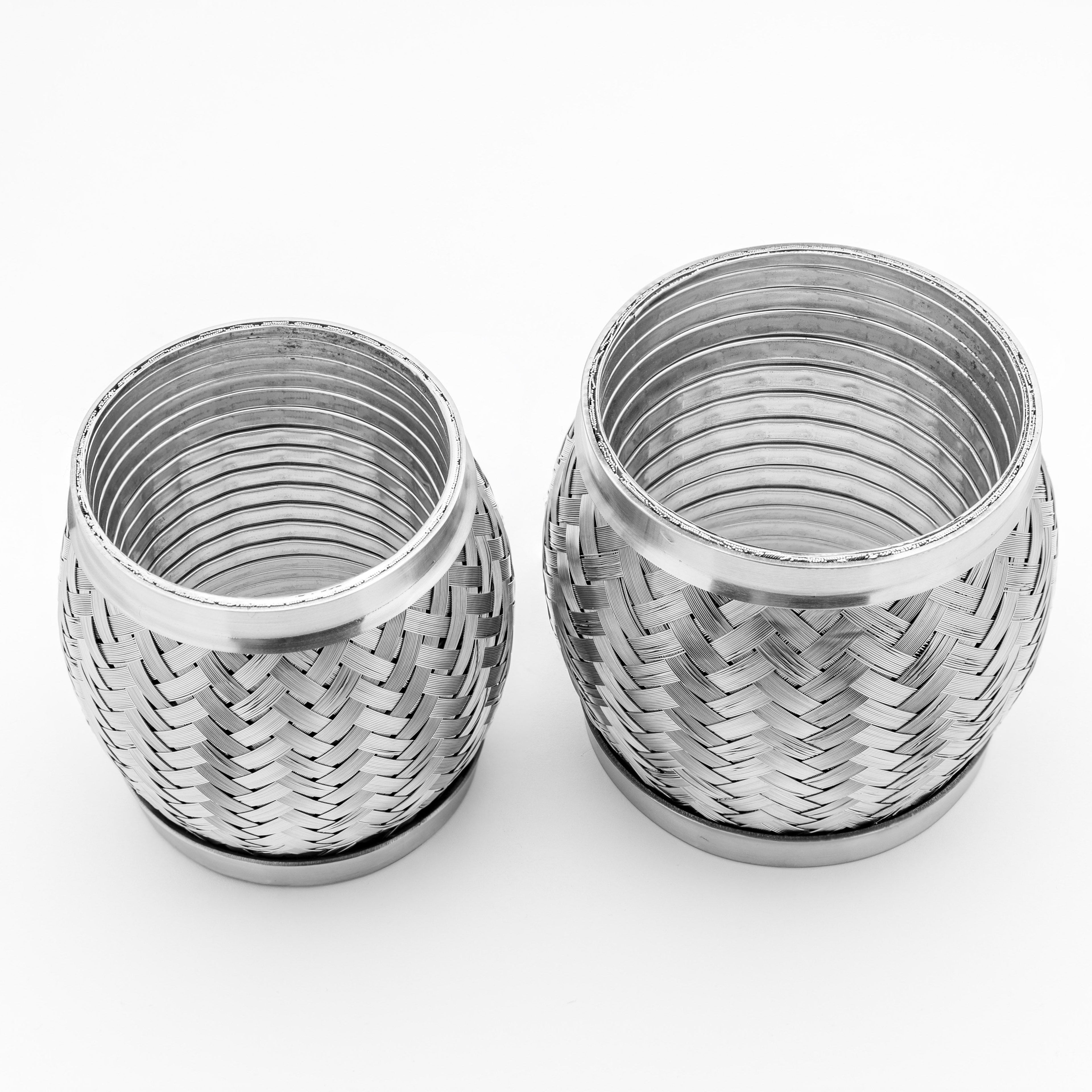 Two silver flex exhaust woven pieces on a white background
