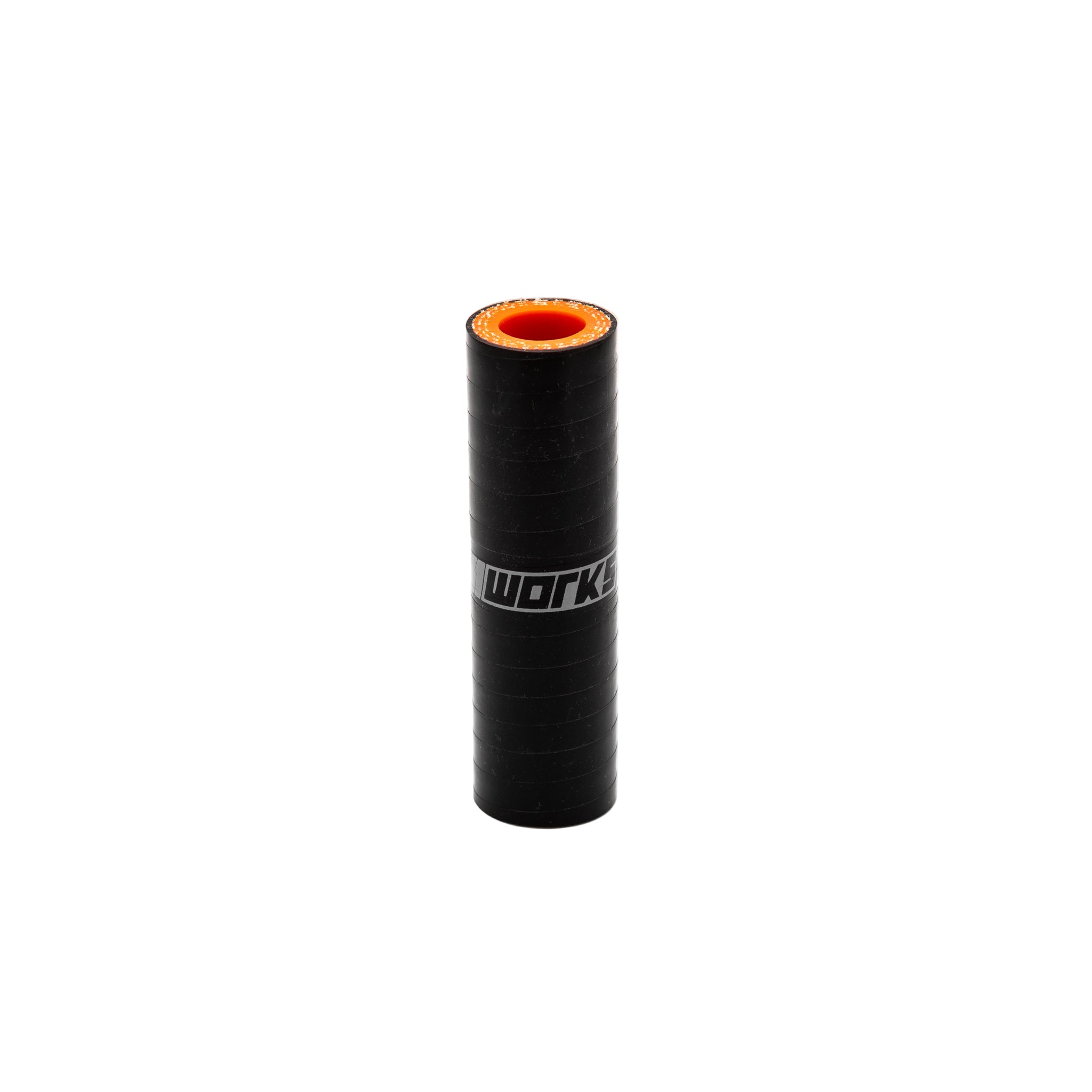 Black cylindrical object with orange interior on a white background