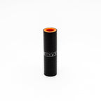 Black cylindrical object with orange interior on a white background