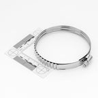 Silver adjustable clamp with a ruler on a white background