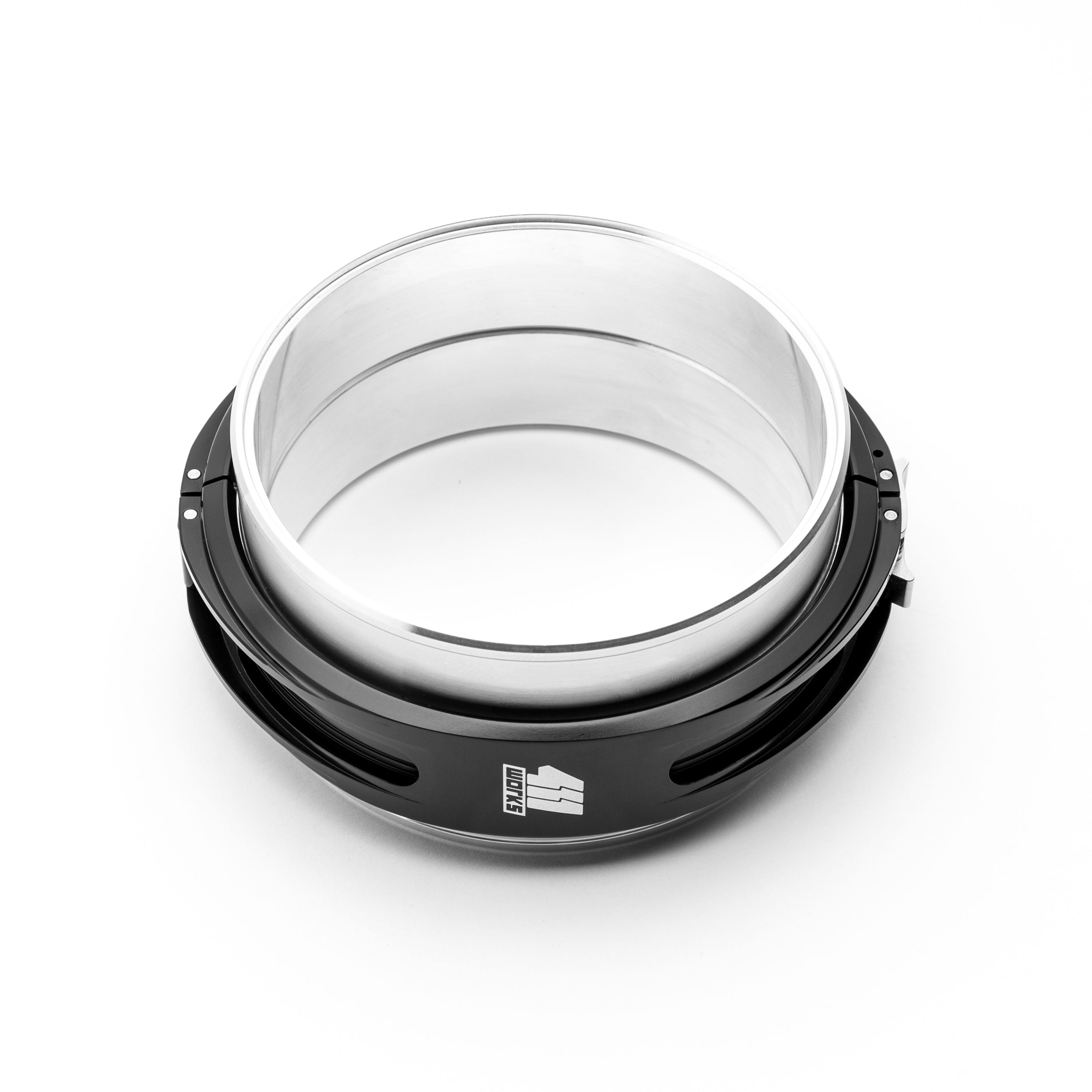 Round clamp metallic object with black base on a white background
