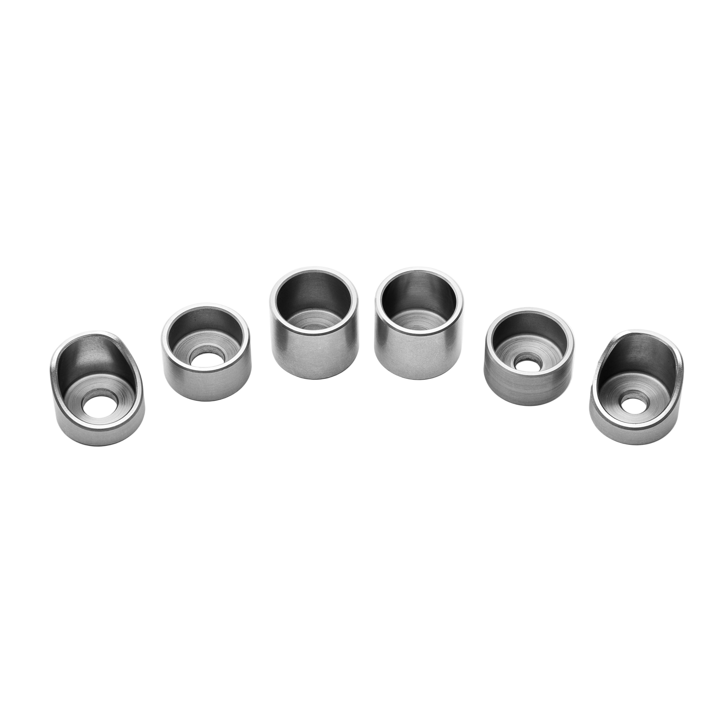 Set of six weld cups cylindrical components on a white background