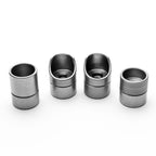 Four metallic steel threaded bungs on a white background