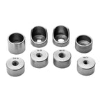 Set of metal threaded bungs with threaded holes on a white background