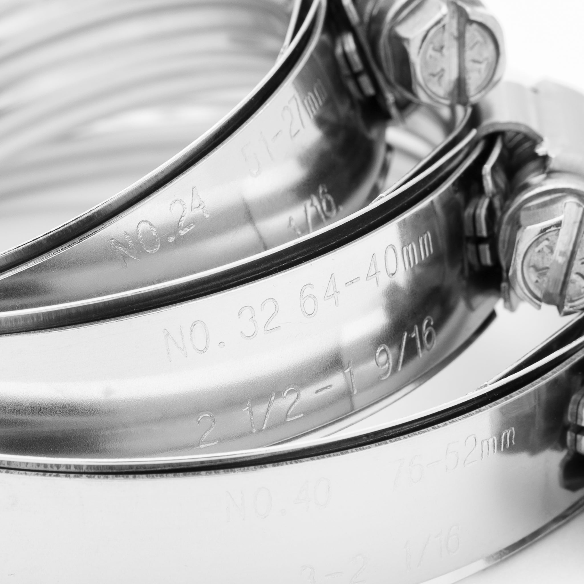 Close-up of a silver clamp band with brand logo