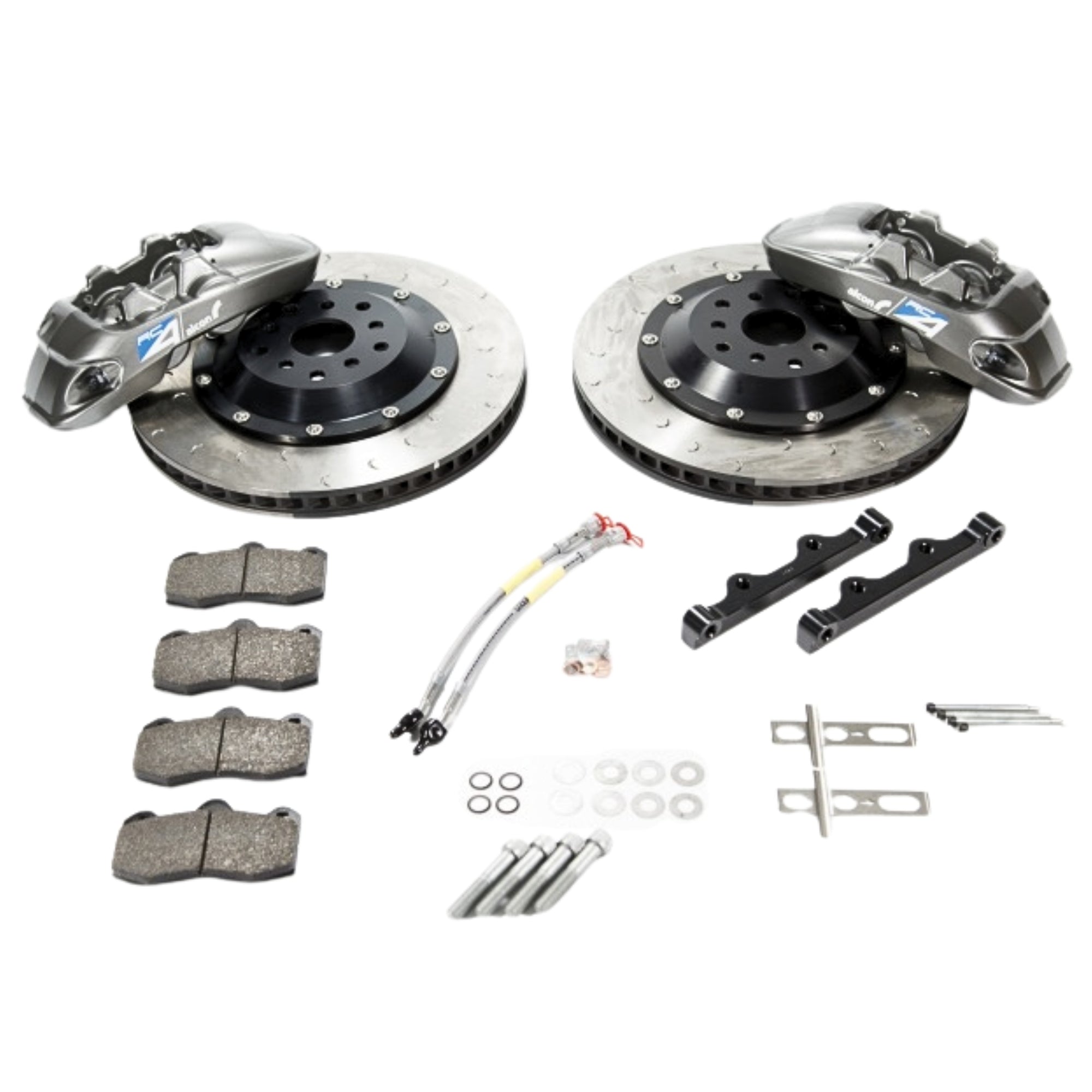 GTR Alcon Collection of brake components including rotors, calipers, pads, and hardware on a white background.