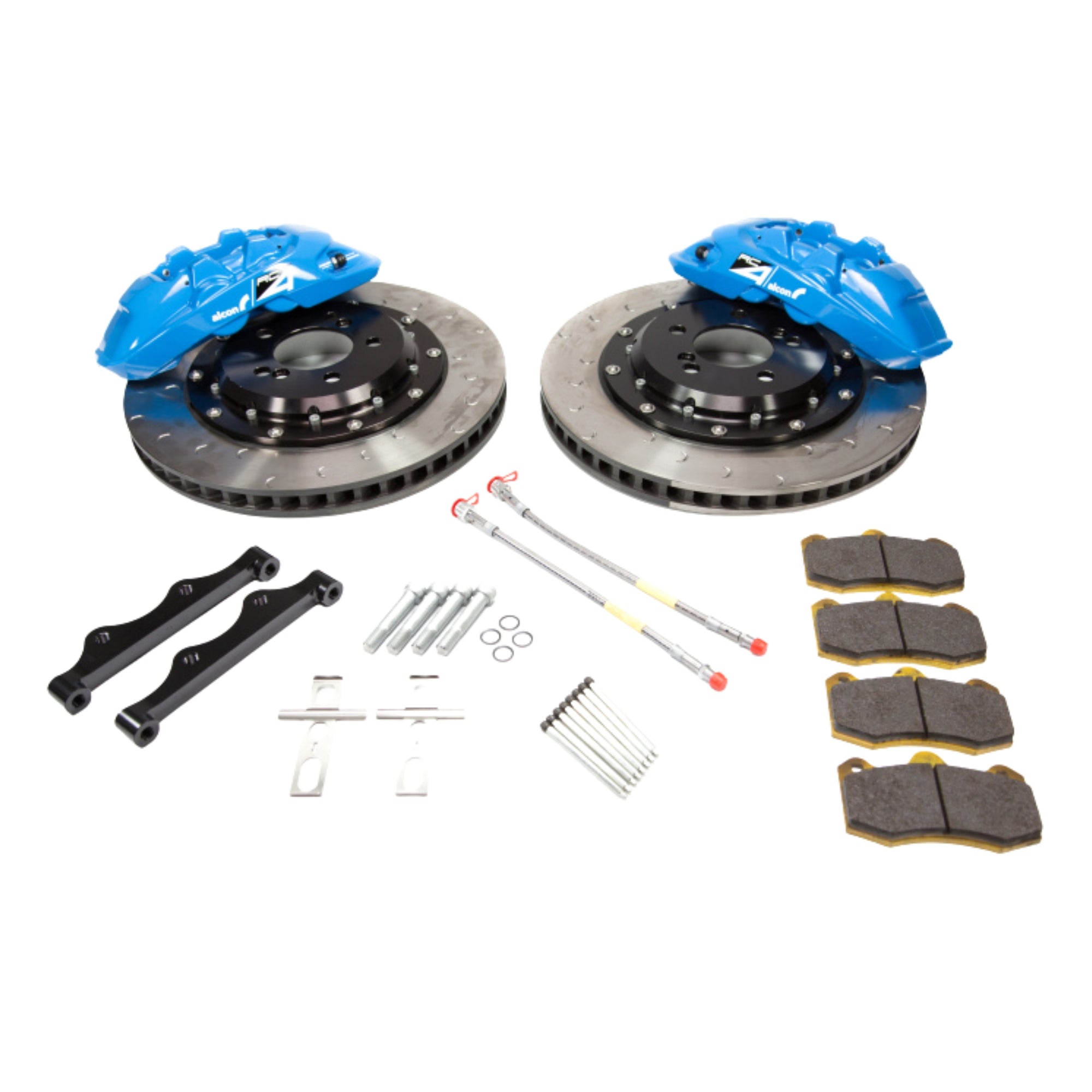 Alcon R35 Brake system components including rotors, calipers, and pads on a white background