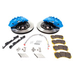 R35 Alcon Brake system components including blue calipers, rotors, and pads on a white background