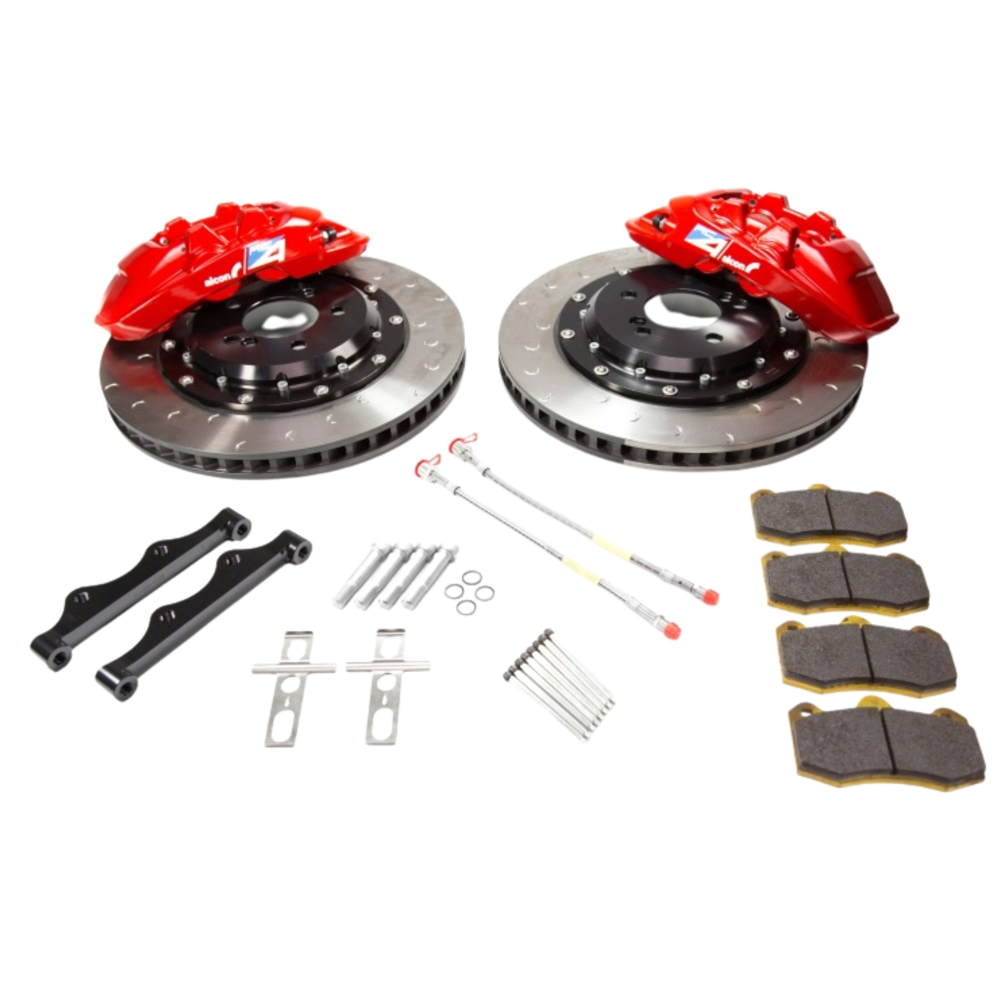 Alcon BMW Car brake system components including rotors, calipers, and pads on a white background