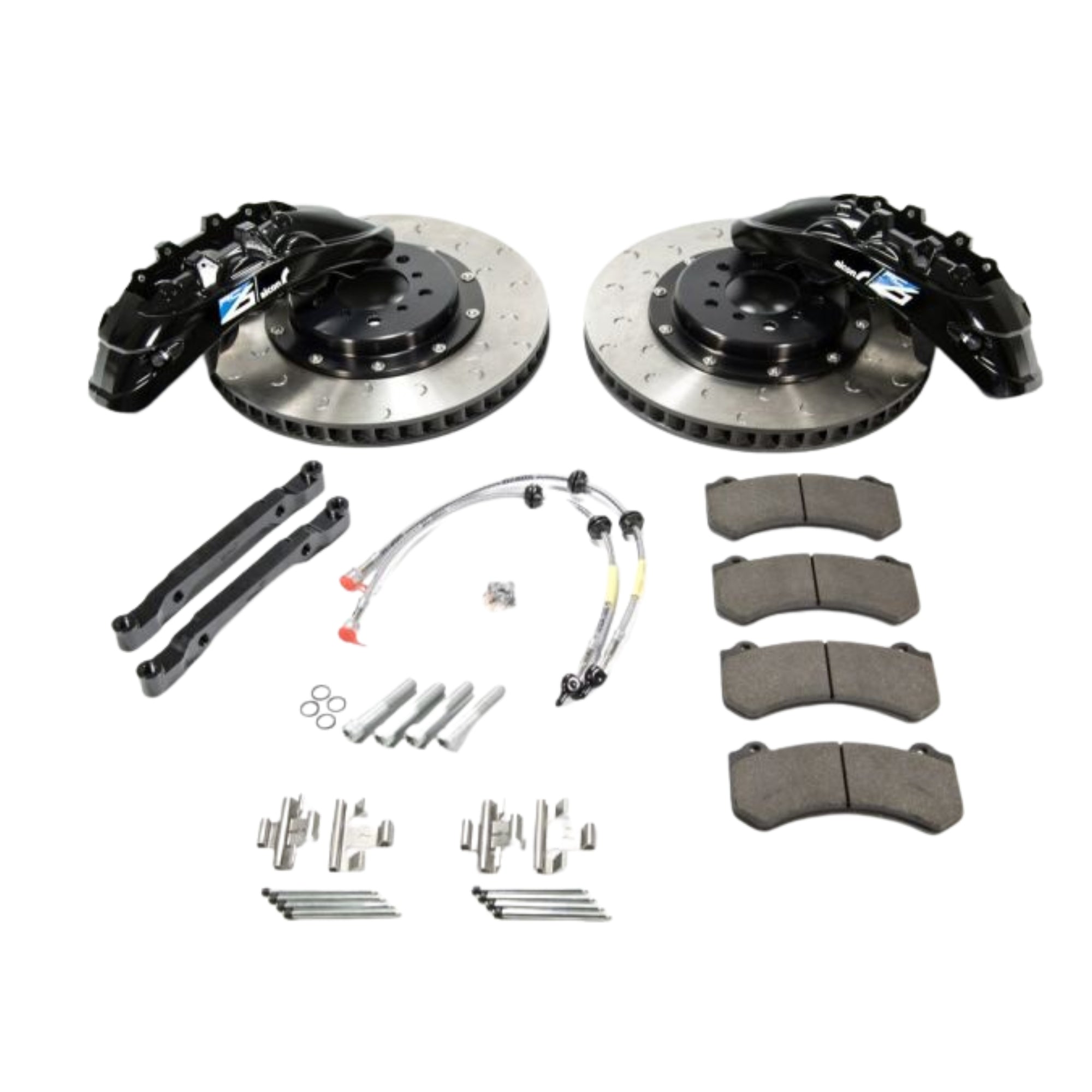 Alcon BMW Automotive brake system components including rotors, calipers, and pads on a white background