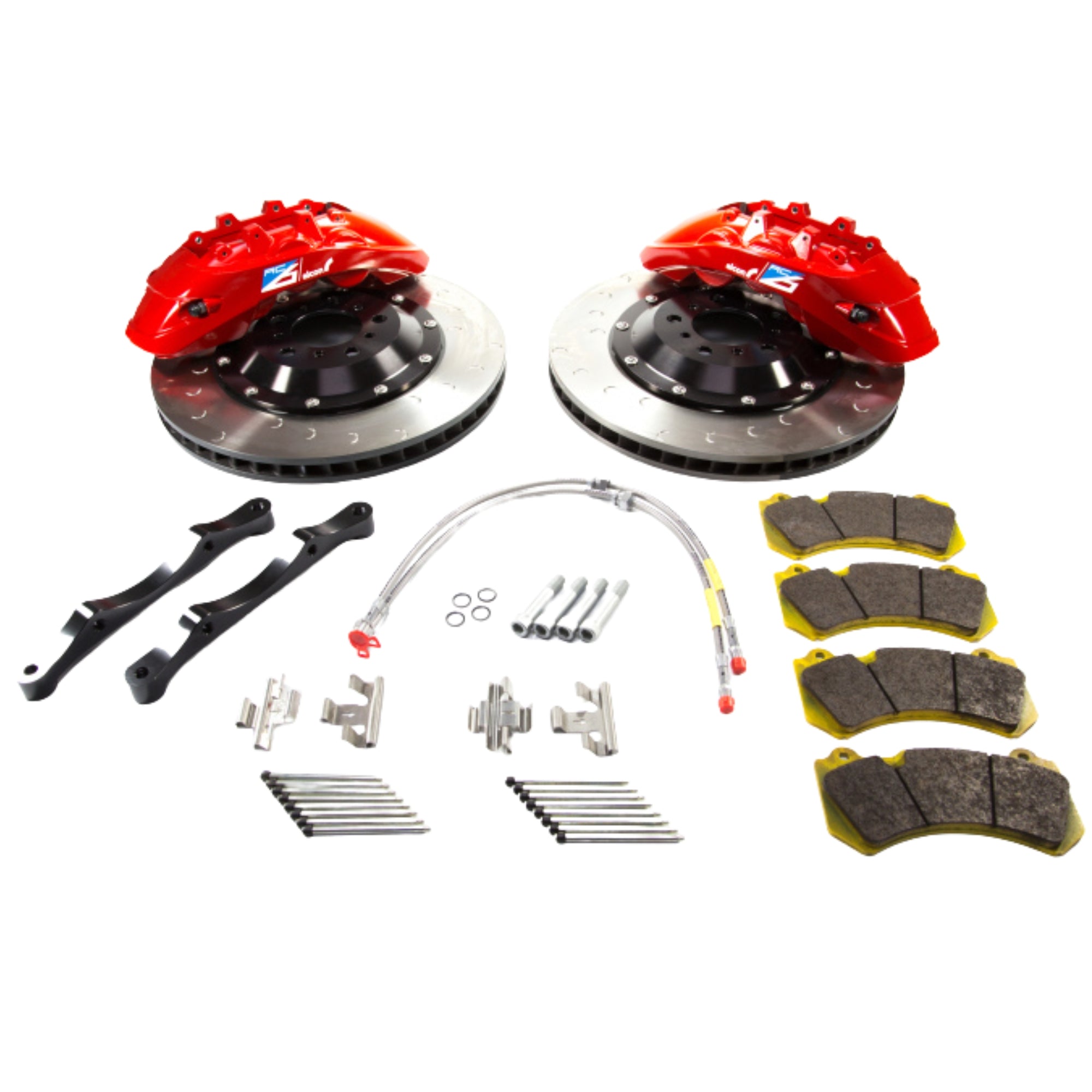 Alcon Brake system components including red calipers, brake rotors, and pads on a white background.