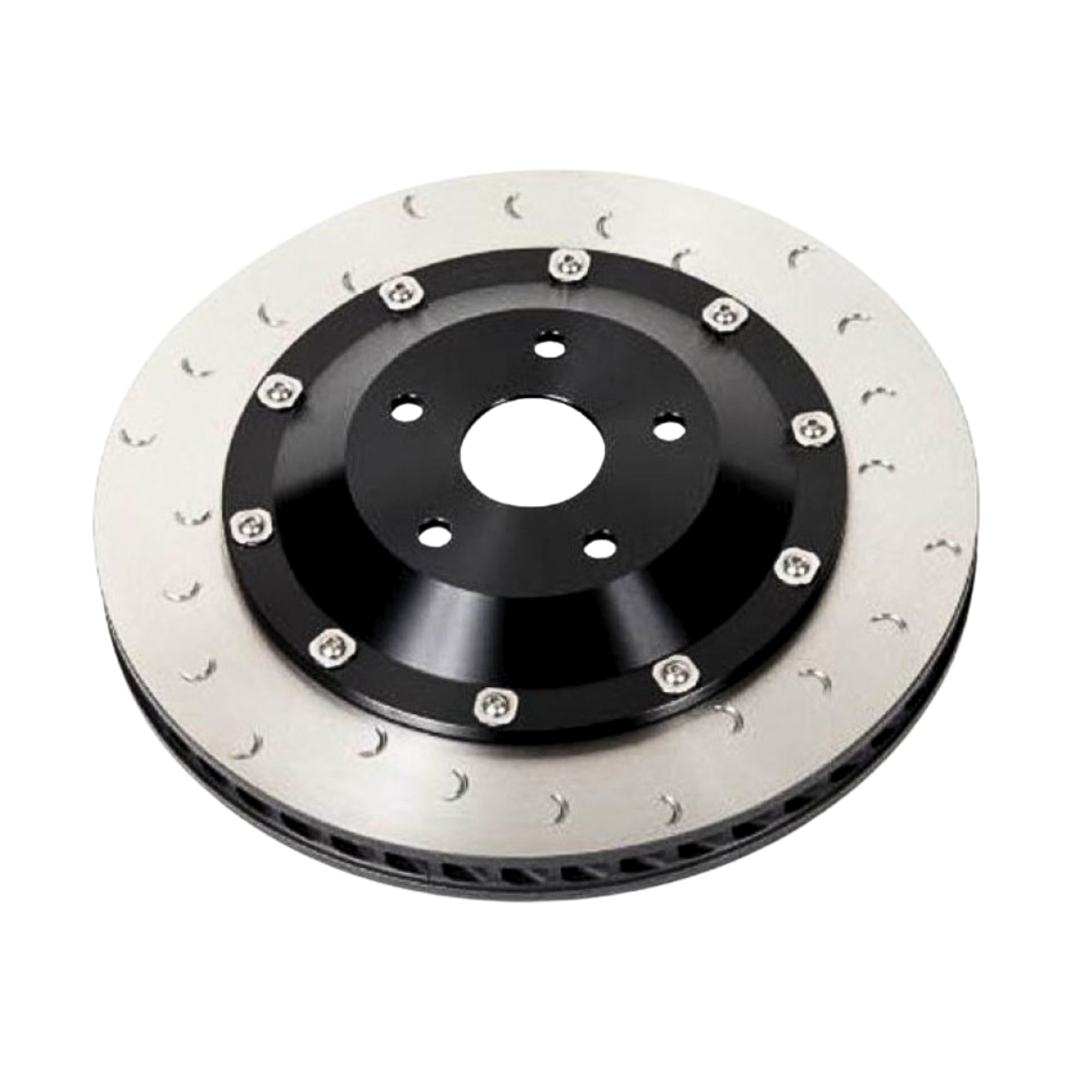 BMW Brake disc with metallic finish on a white background