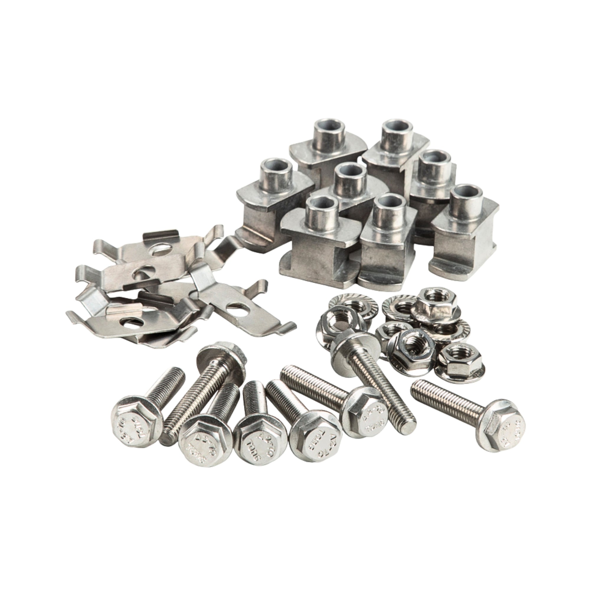 GTR Collection of metal brackets and bolts on a white background