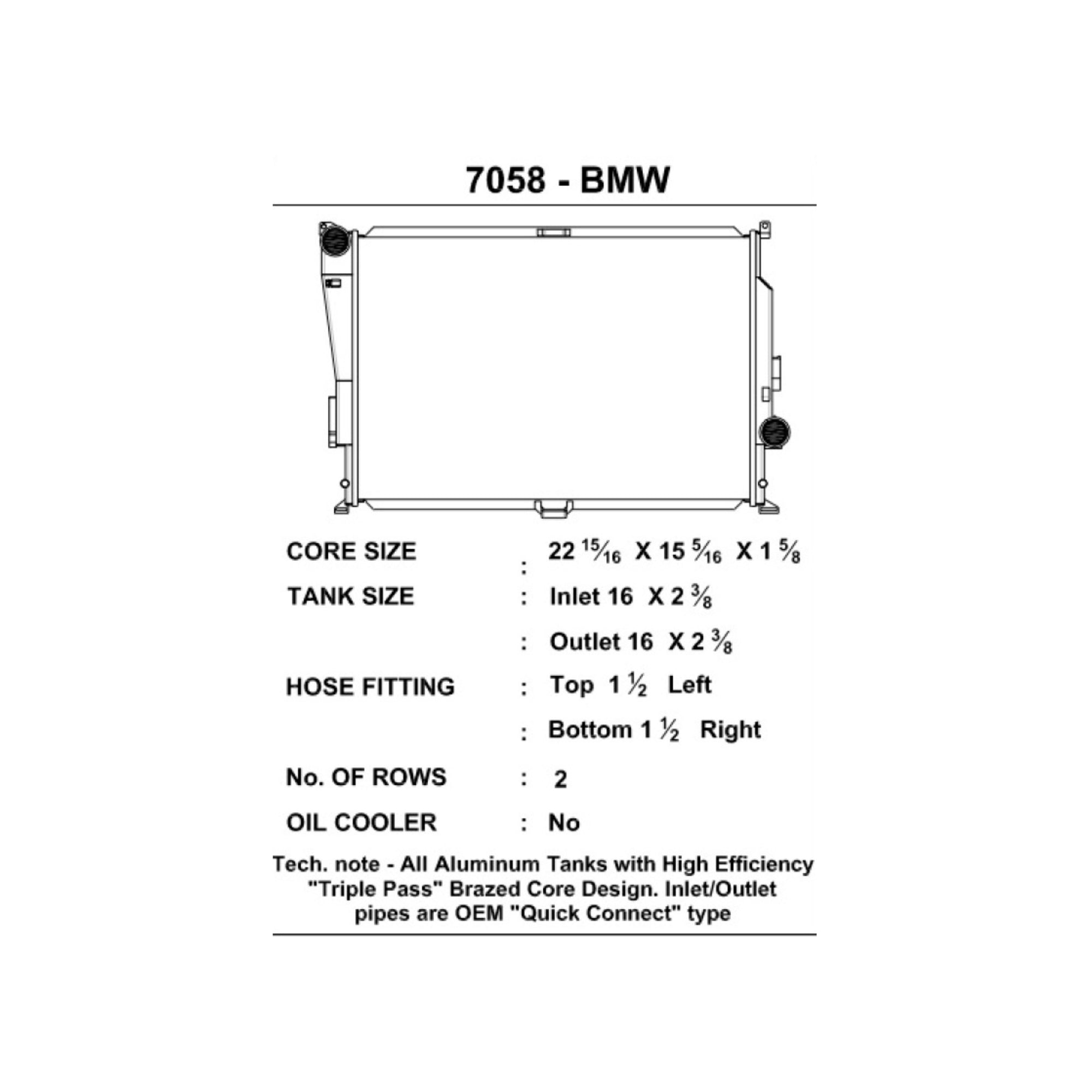 Technical diagram of a BMW oil cooler with dimensions and specifications.