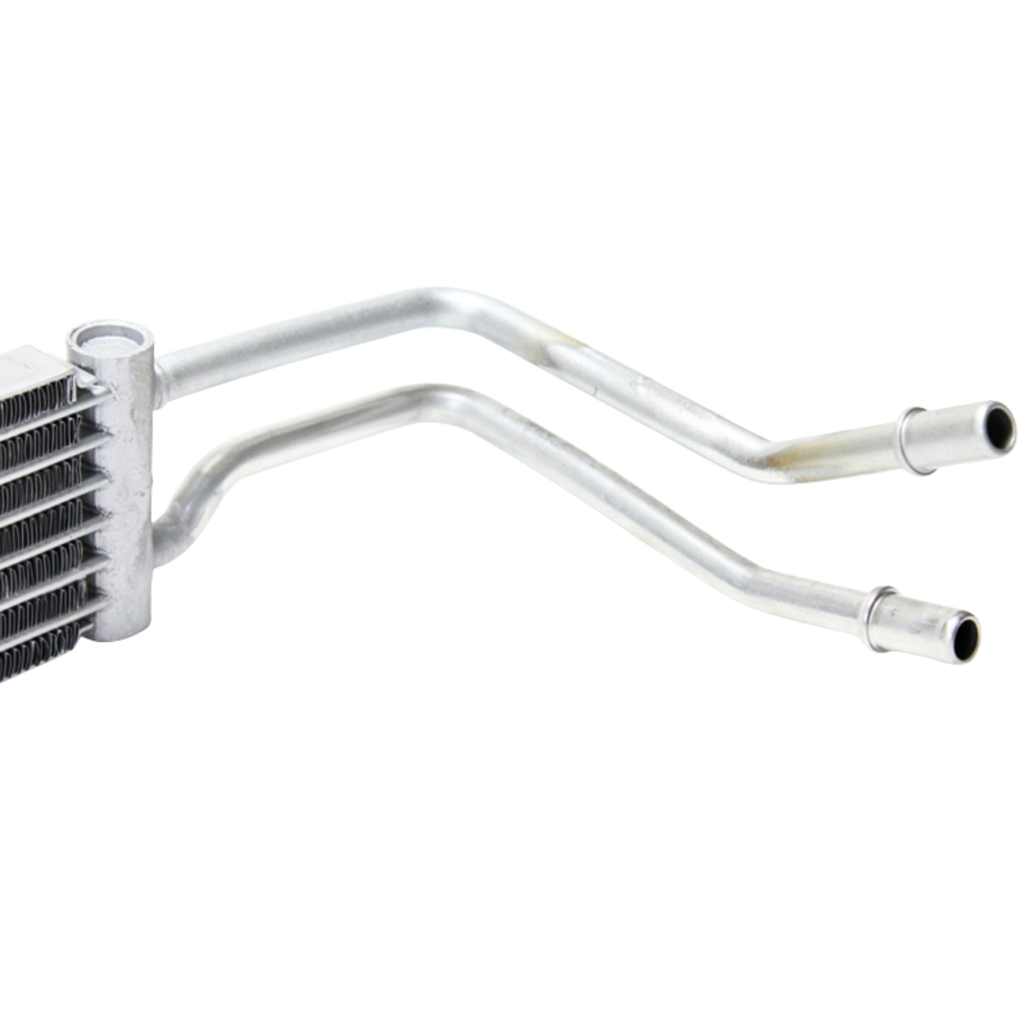 Metallic power steering cooler with pipes on a white background
