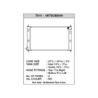 Technical drawing of a Mitsubishi radiator with dimensions and specifications.