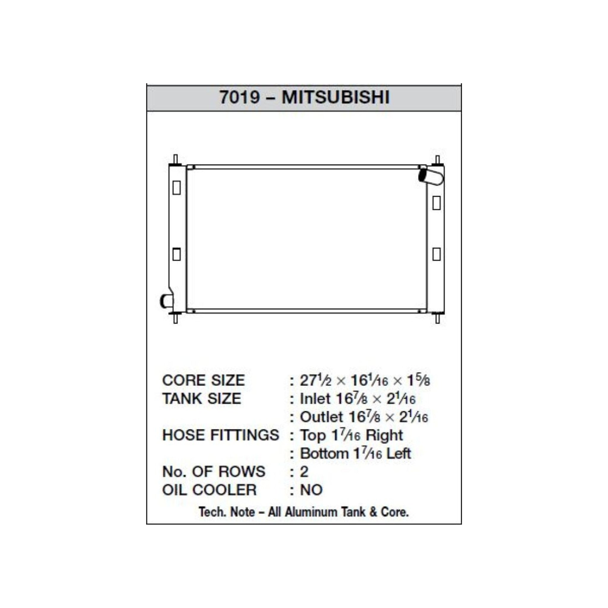 Technical drawing of a Mitsubishi radiator with dimensions and specifications.