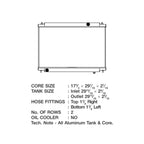 Technical drawing of a radiator with dimensions and specifications on a white background