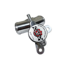 Metallic valve handle with a logo and text on a white background