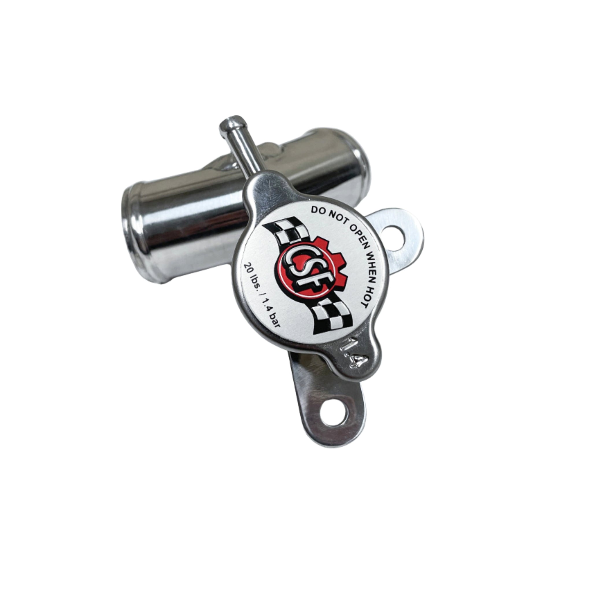 Metallic valve handle with a logo and text on a white background