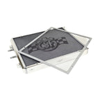 Stack of radiator panels with a CSF brand logo on a white background