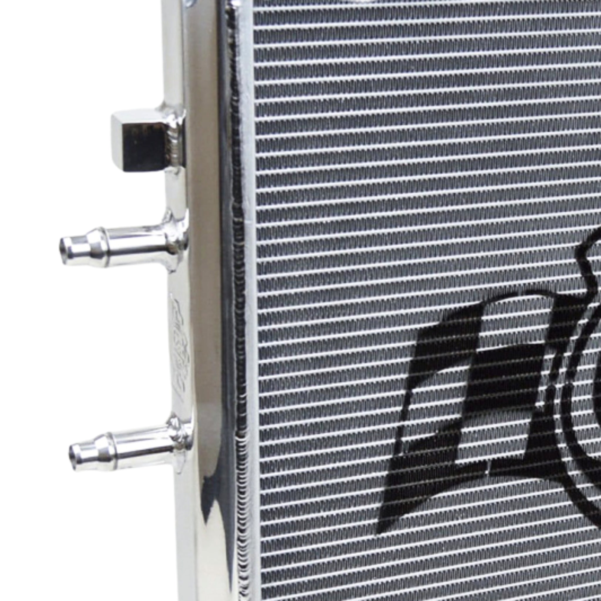 Close-up of a radiator with a brand logo on a white background