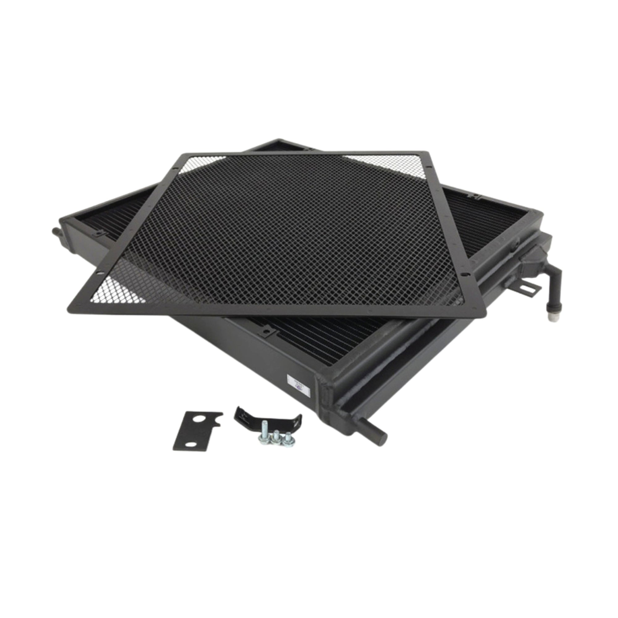 Stack of BMW M3 and M4 F8X front mount heat exchanger mounting hardware on a white background