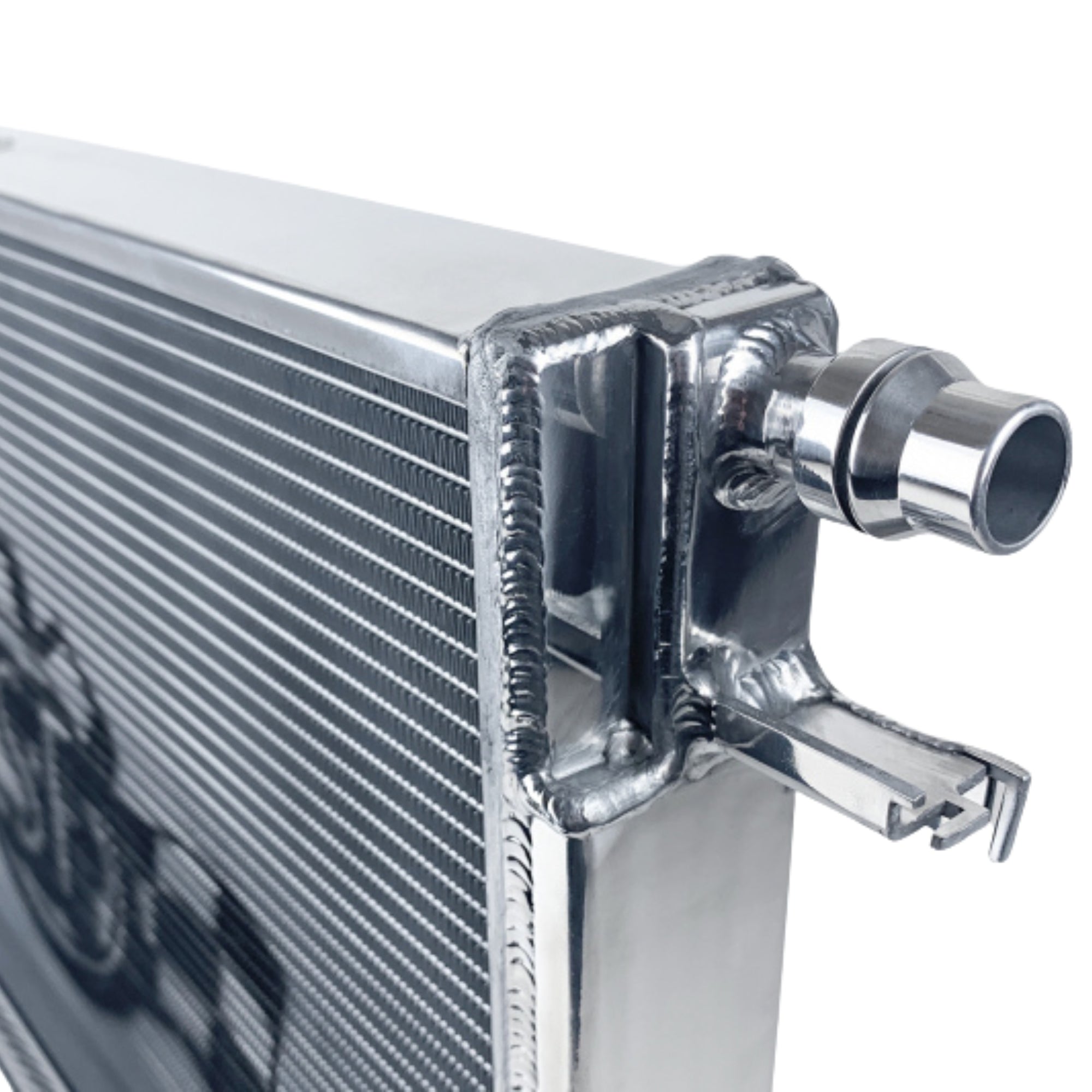 Close-up of a metallic radiator with a brand logo on a white background
