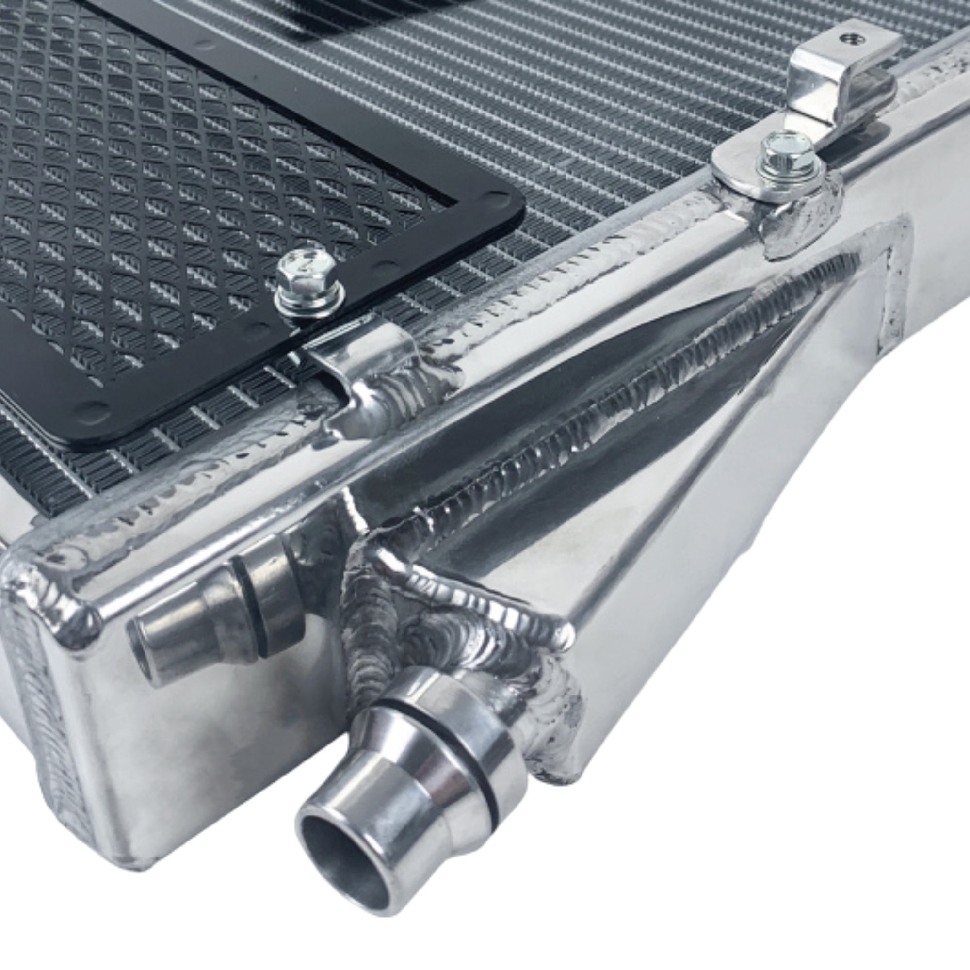 Close-up of a metallic radiator with pipes on a white background
