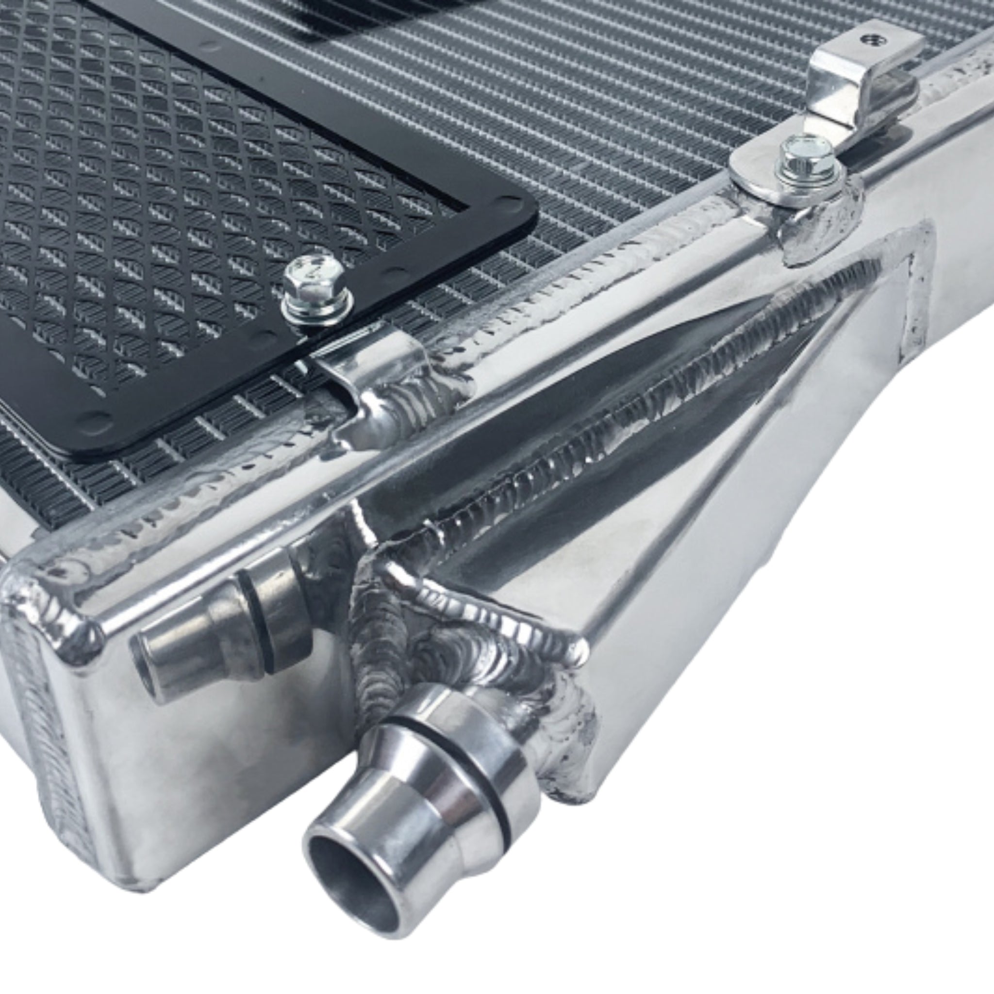 Close-up of a metallic radiator with pipes on a white background