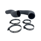 Black silicone hose with four clamps on a white background