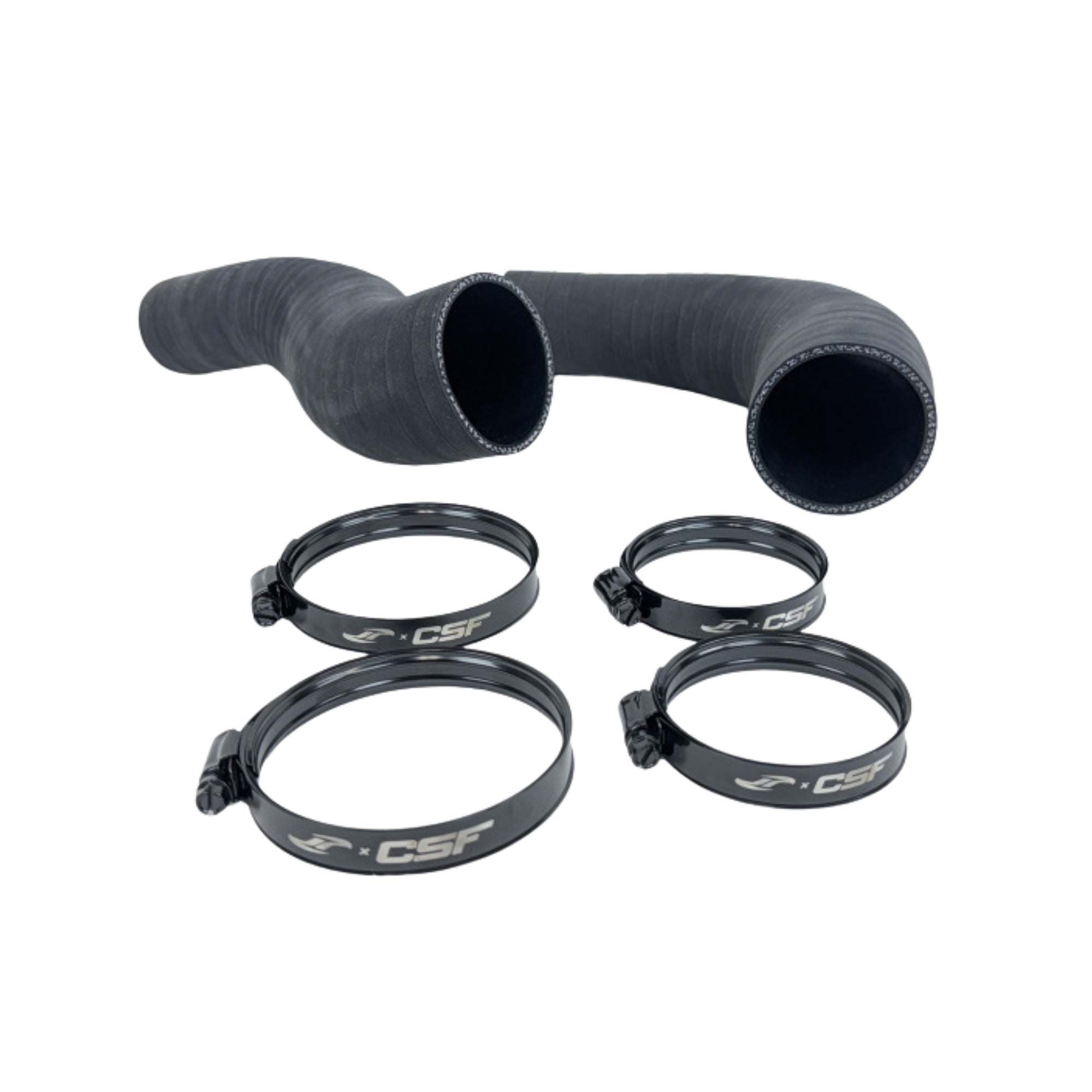 Black silicone hose with four clamps on a white background