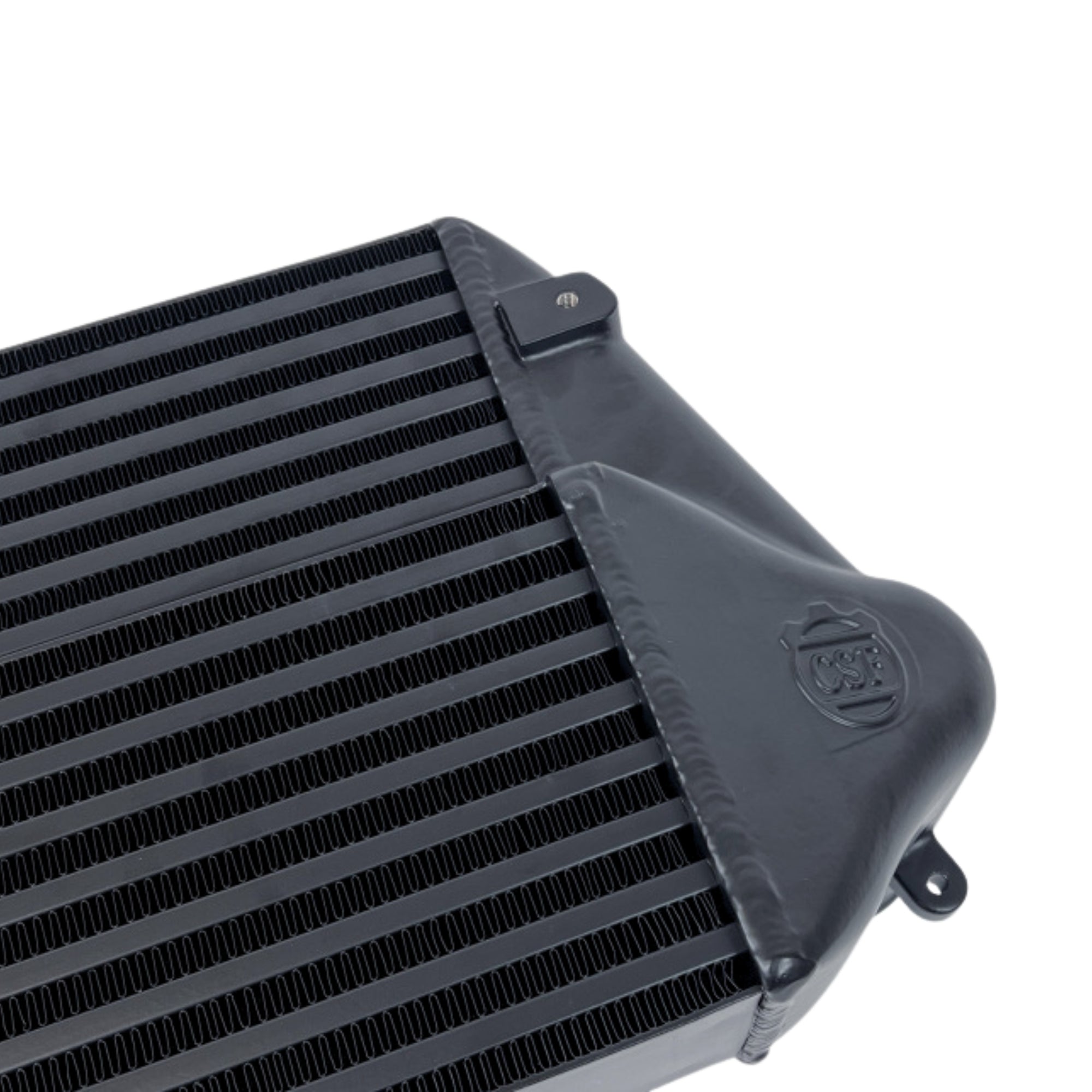 Black radiator with a CSF brand logo on a white background