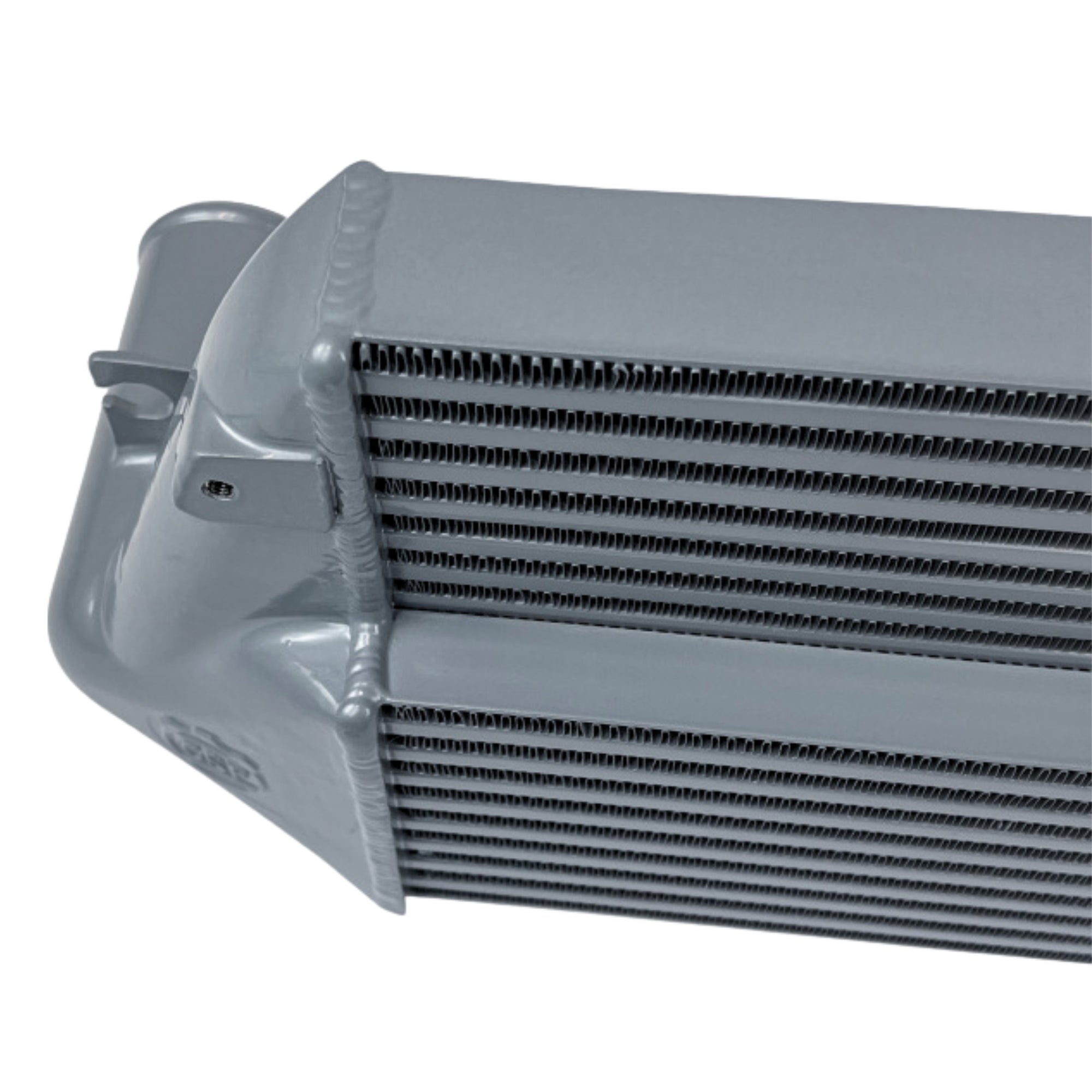 Close-up of a CSF car radiator on a white background