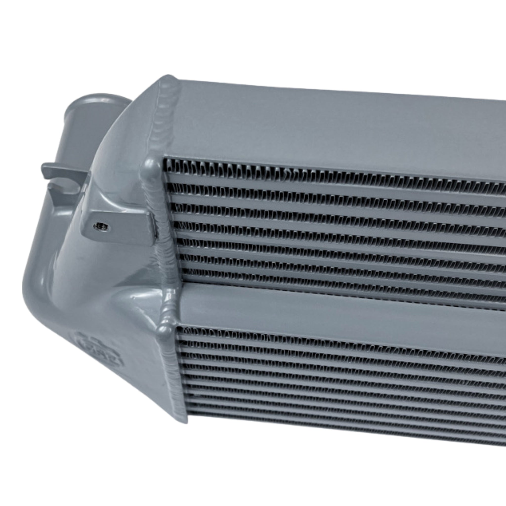 Close-up of a CSF car radiator on a white background