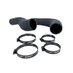 Black silicone hose with four clamps on a white background