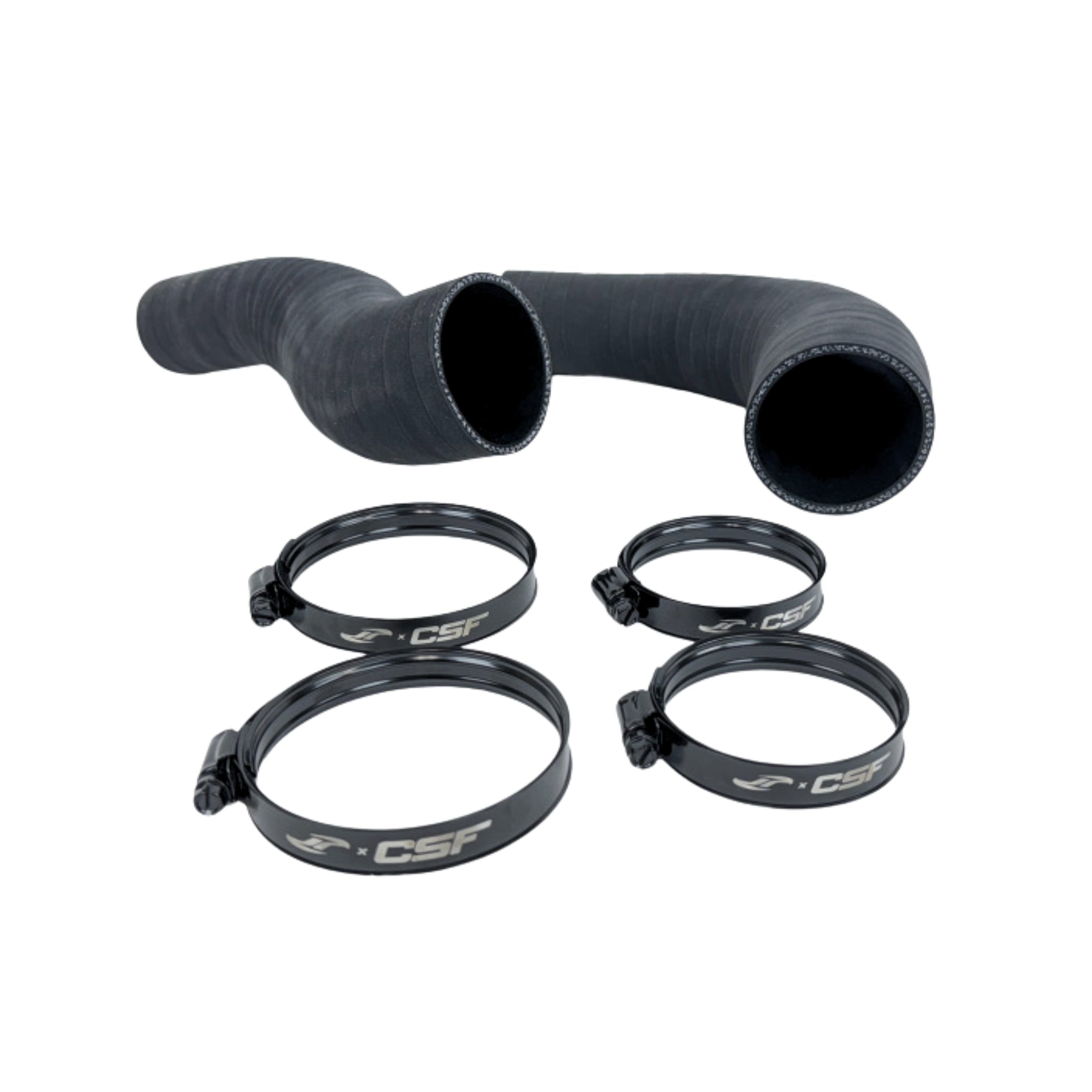Black silicone hose with four clamps on a white background