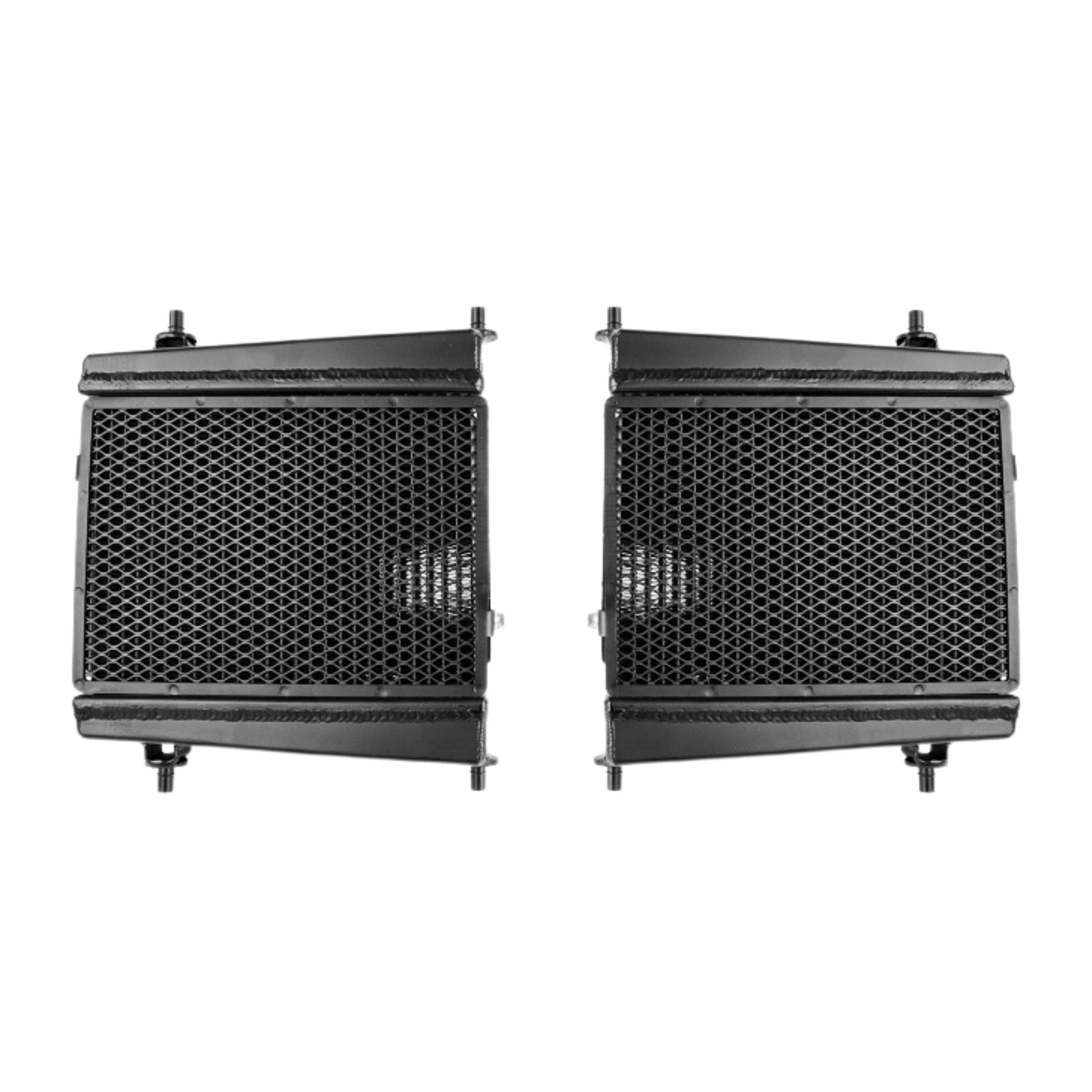 Two black metal radiators on a white background for Toyota GR Supra 