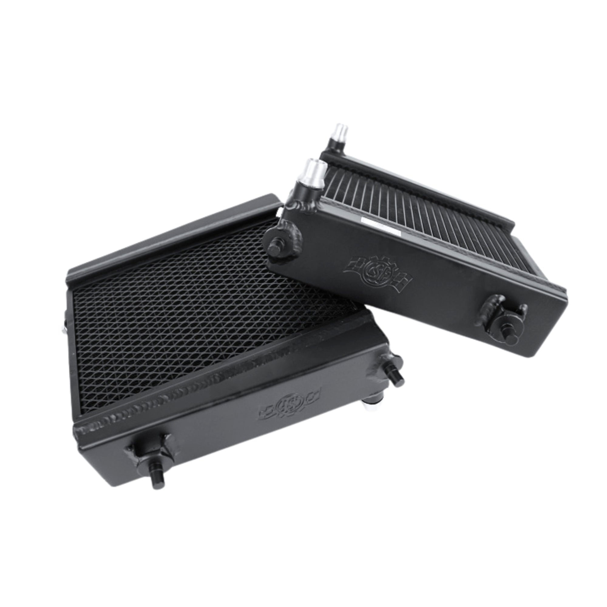 Two black metal radiators on a white background for Toyota GR Supra performance