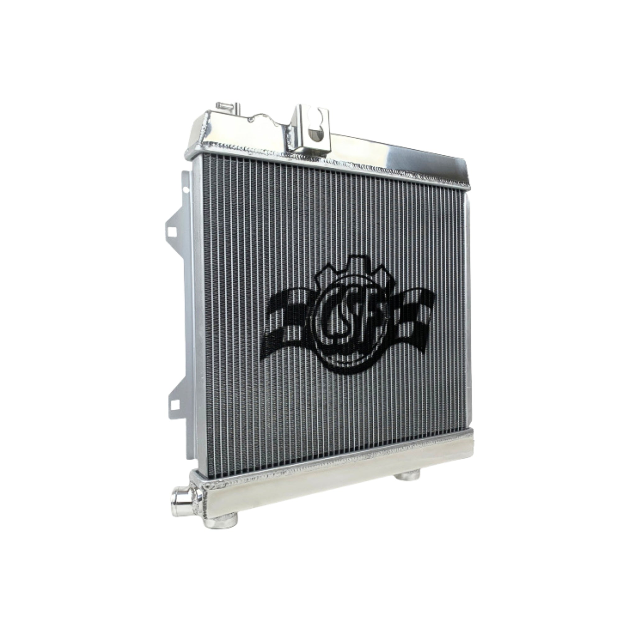 Metallic radiator with a brand logo on a white background