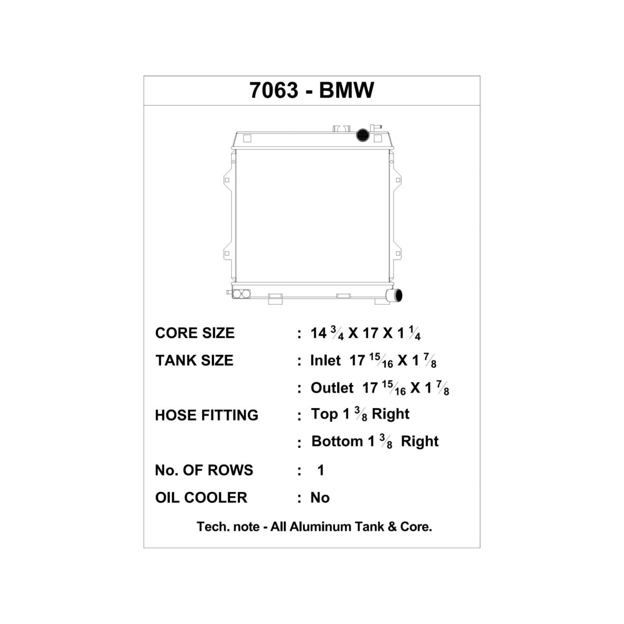 Technical diagram of a BMW radiator with specifications