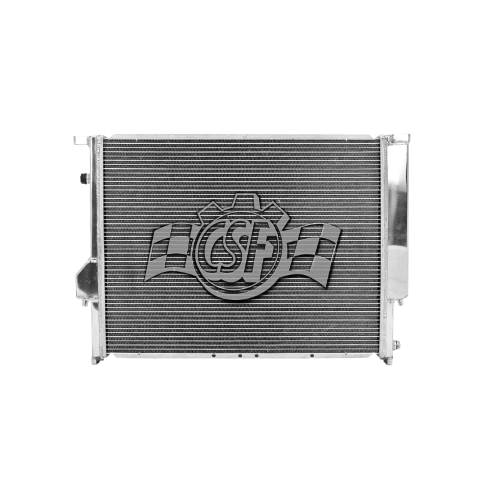 Metallic radiator with a CSF brand logo on a white background