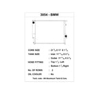 Technical drawing and specifications for a BMW oil cooler with dimensions and fitting details.