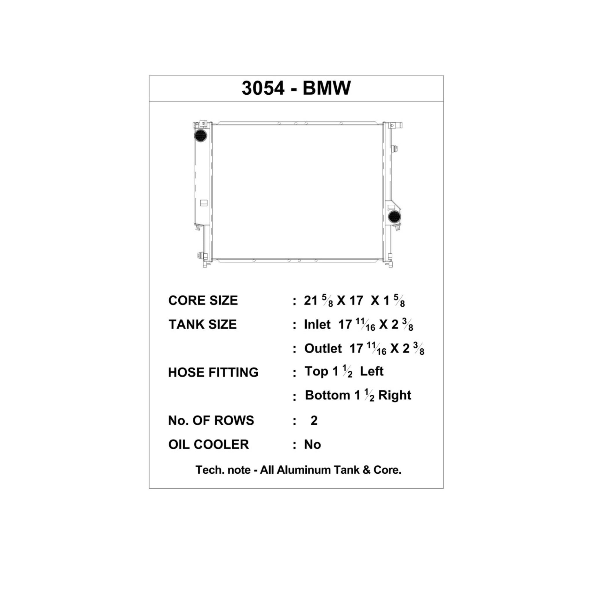 Technical drawing and specifications for a BMW oil cooler with dimensions and fitting details.
